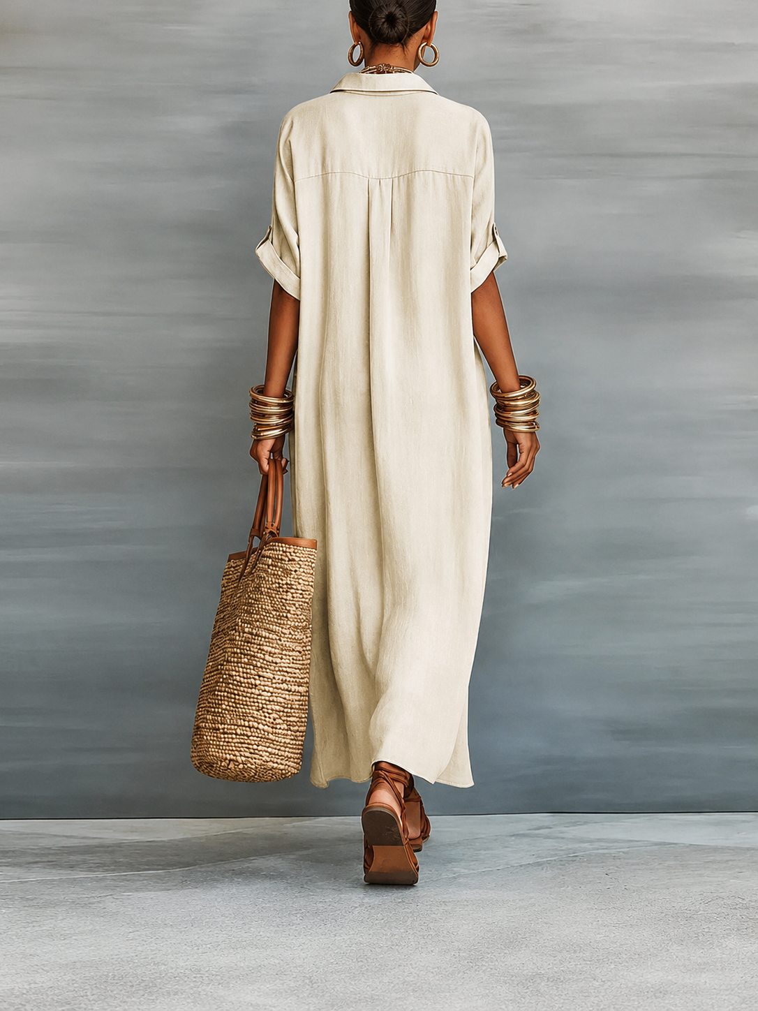 Robe-chemise maxi en lin boutonnée devant pour femme