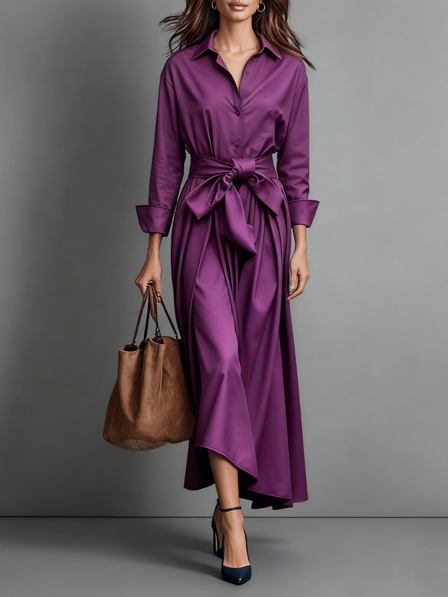 Robe chemise midi avec ceinture pour femme