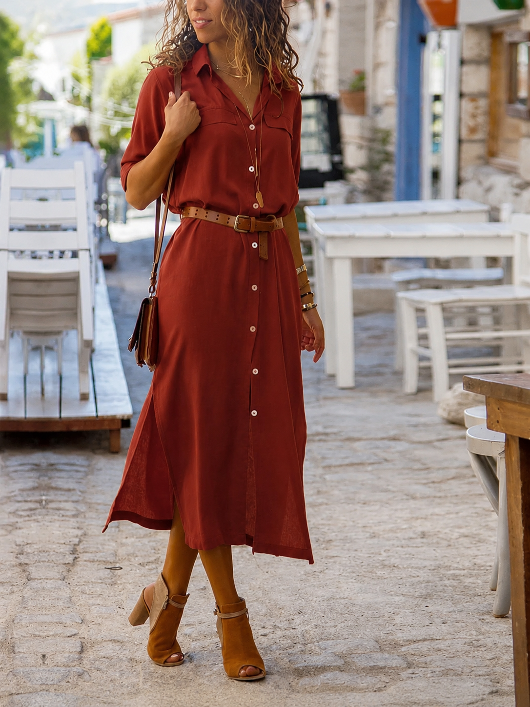 Robe chemise midi avec ceinture pour femme