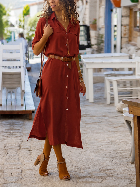 Robe chemise midi avec ceinture pour femme