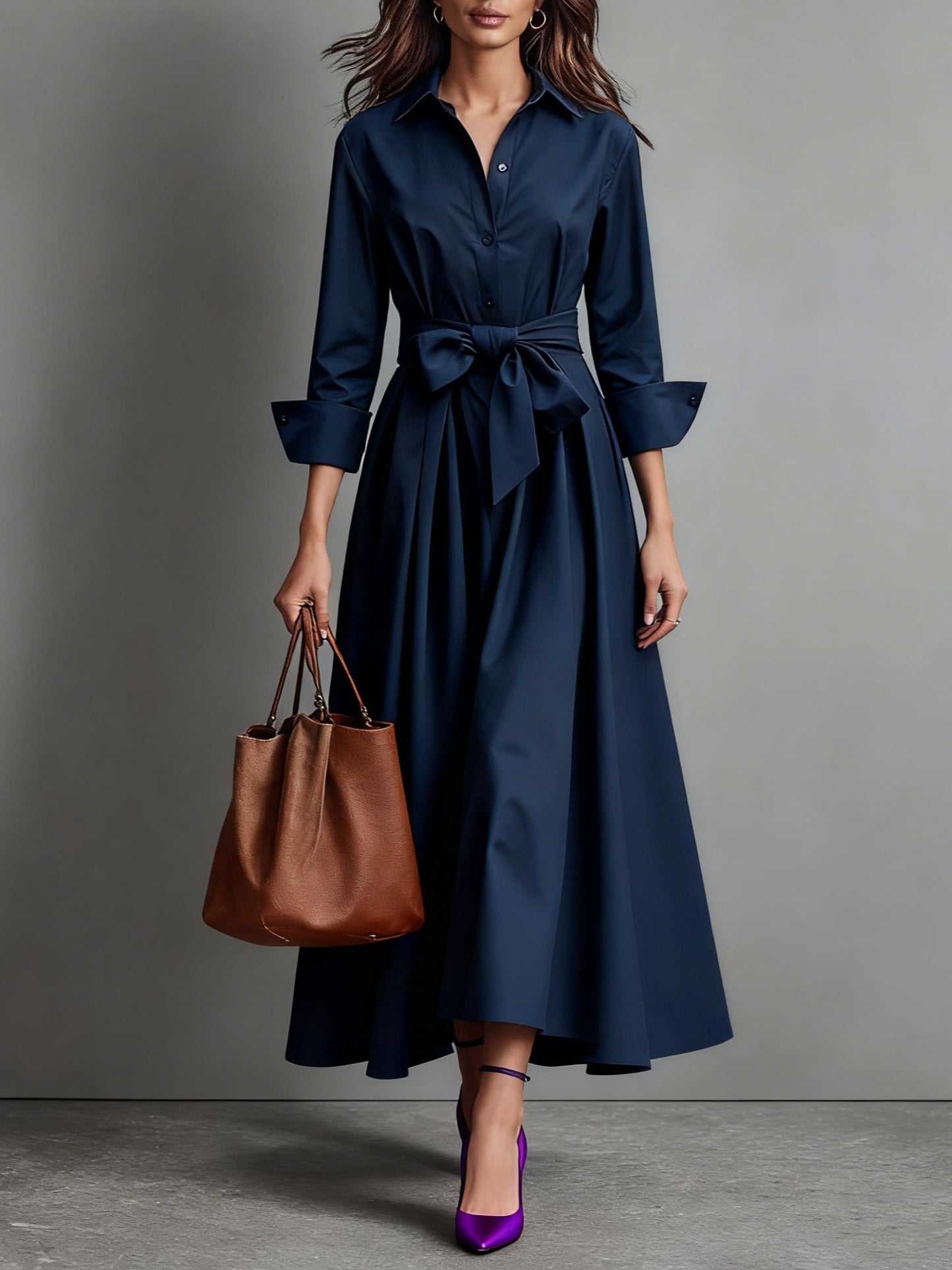 Robe chemise midi avec ceinture pour femme