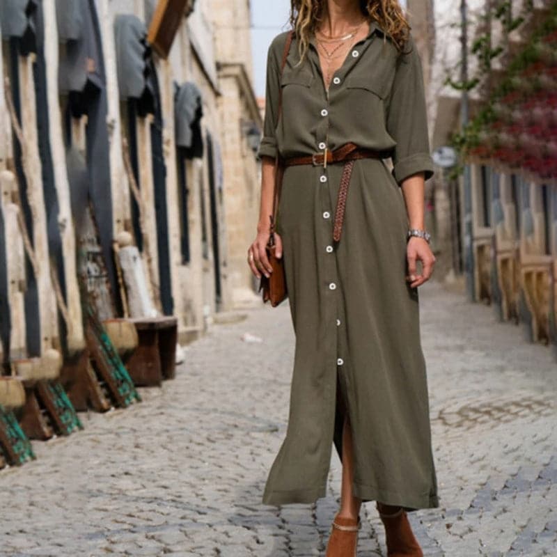 Robe chemise midi avec ceinture pour femme
