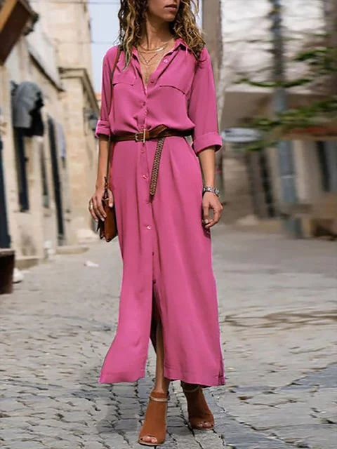 Robe chemise midi avec ceinture pour femme