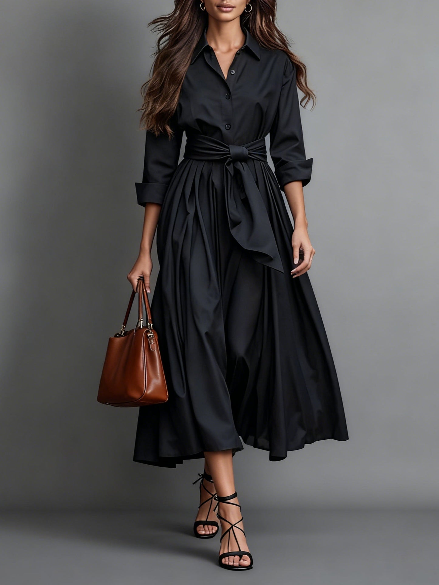 Robe chemise midi avec ceinture pour femme