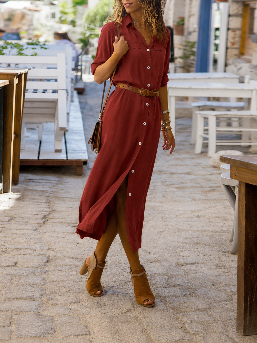 Robe chemise midi avec ceinture pour femme
