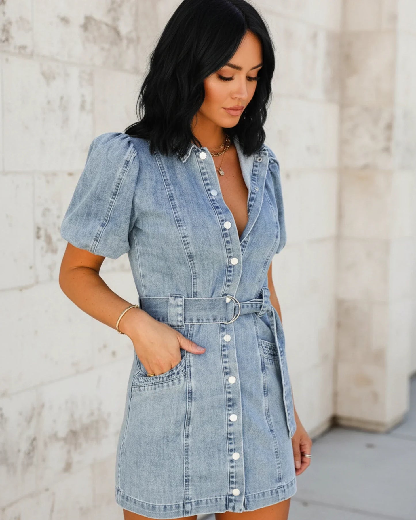 Robe chemise mini ceinturée femme