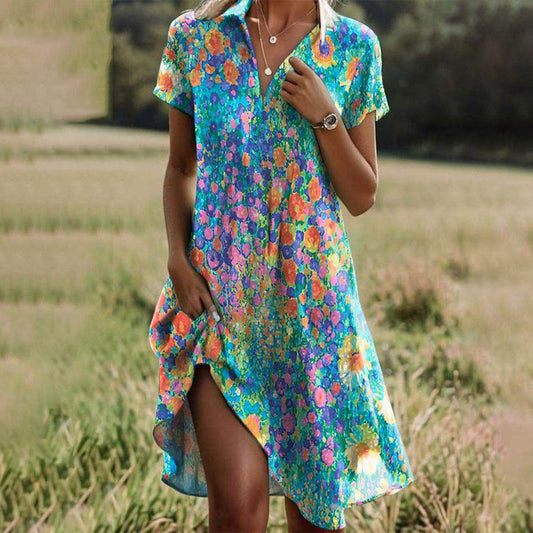 Robe d'été midi pour femme à col en V et manches courtes