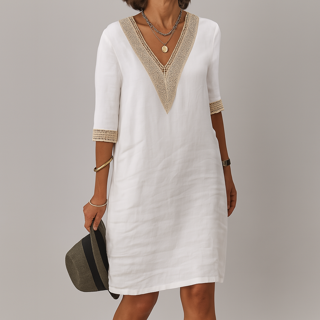Robe en lin à col en V avec bordures en dentelle
