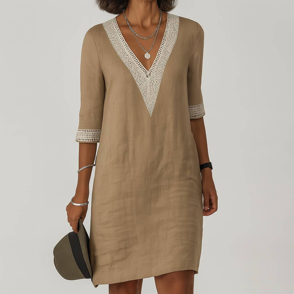 Robe en lin à col en V avec bordures en dentelle