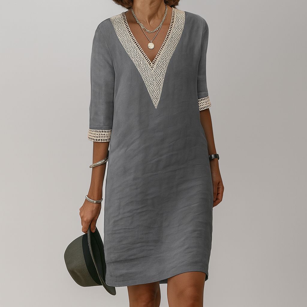 Robe en lin à col en V avec bordures en dentelle