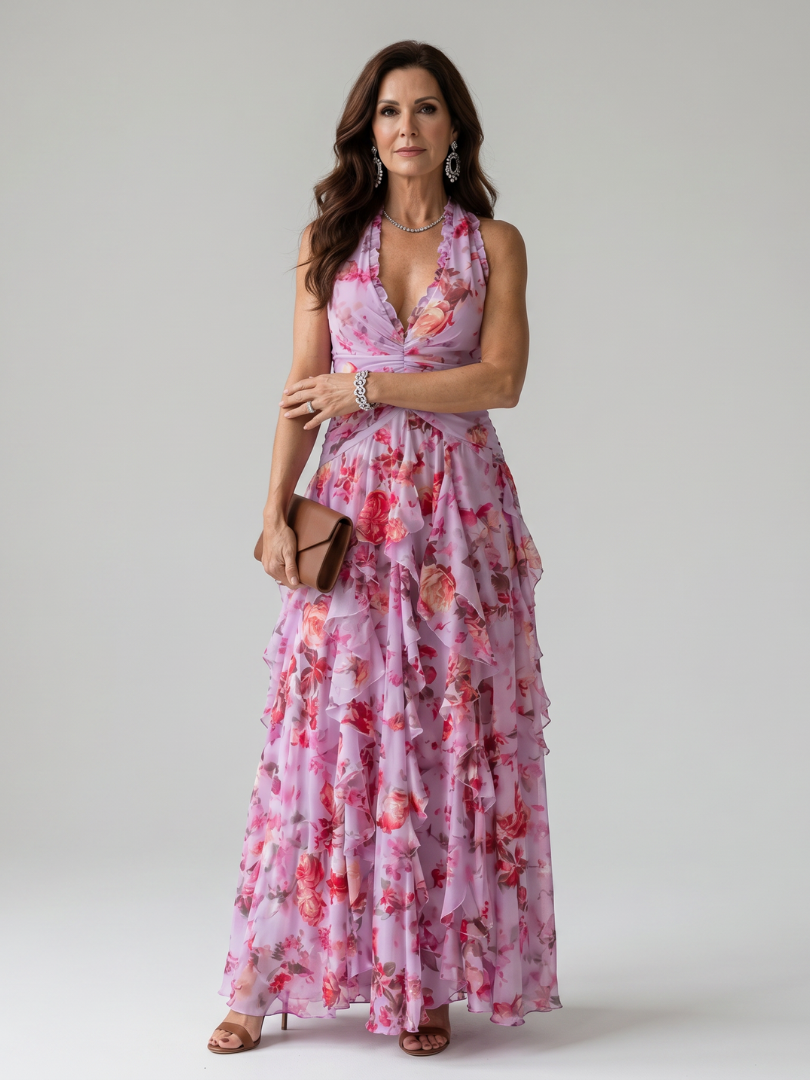 Robe longue à col américain pour femme
