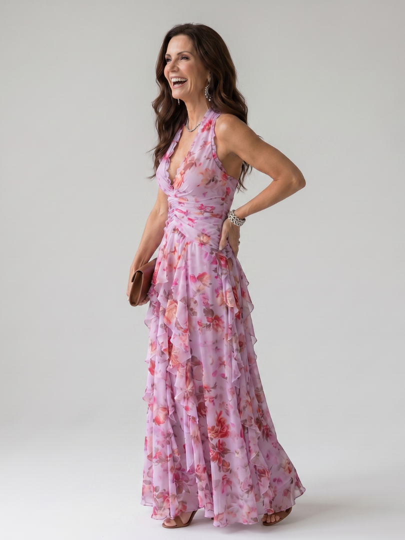 Robe longue à col américain pour femme