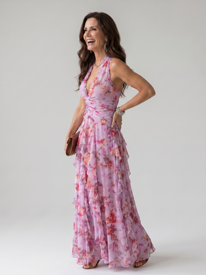 Robe longue à col américain pour femme