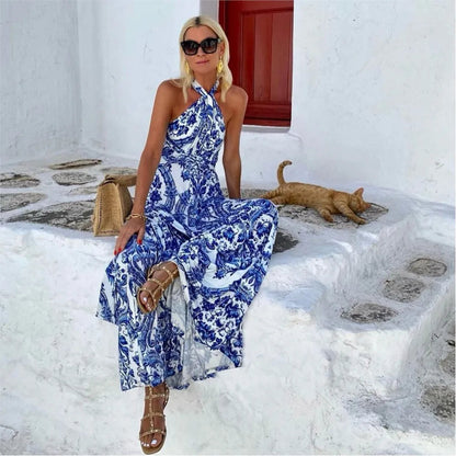 Robe longue à col américain sans manches pour femme
