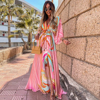 Robe longue à col en V pour femme