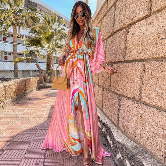 Robe longue à col en V pour femme