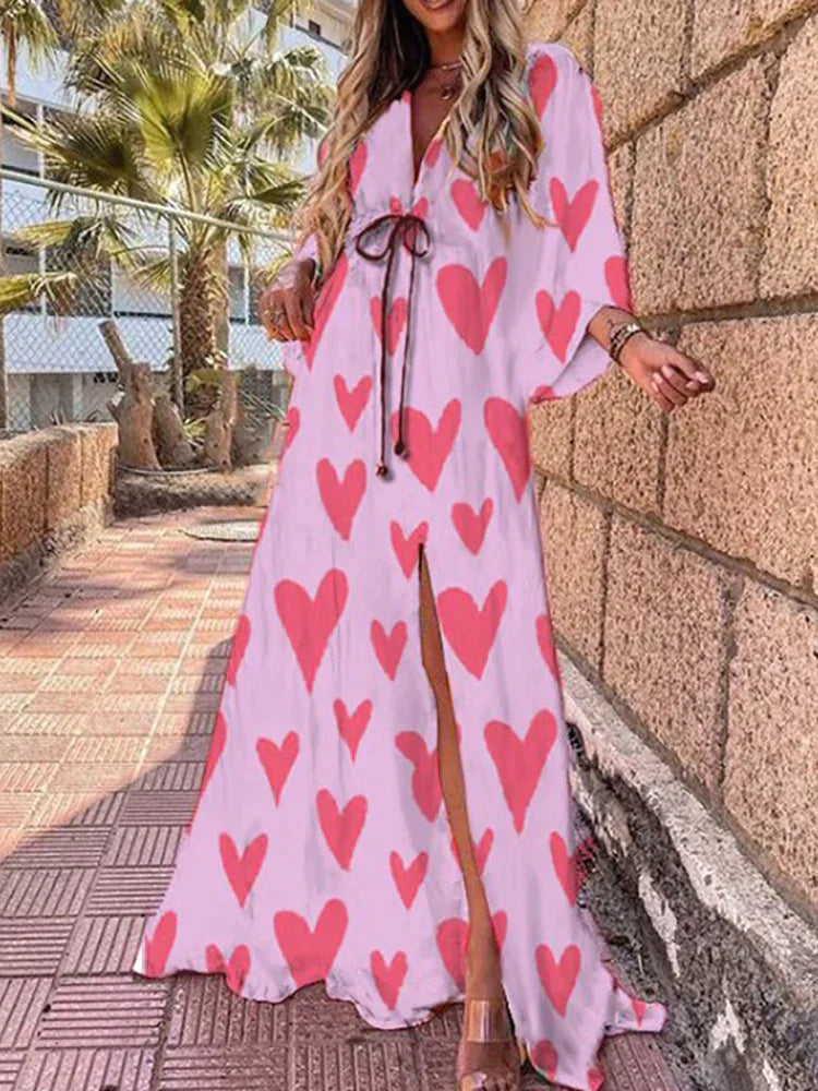Robe longue à col en V pour femme
