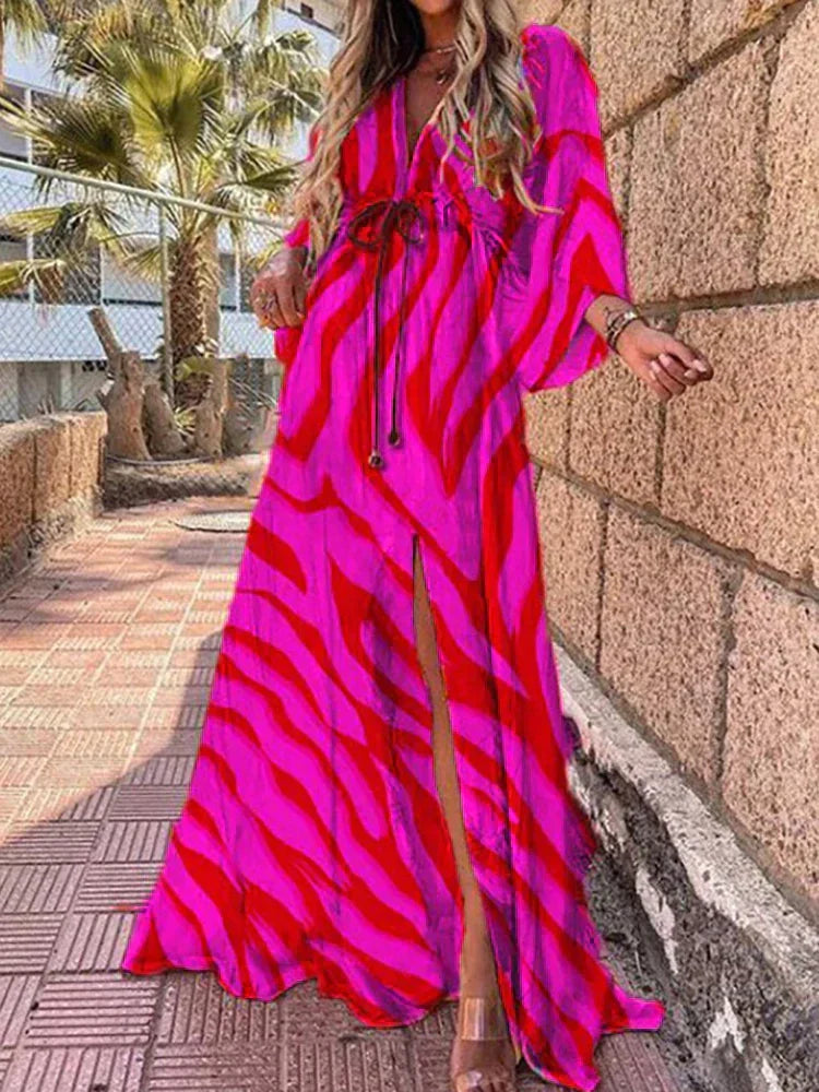 Robe longue à col en V pour femme