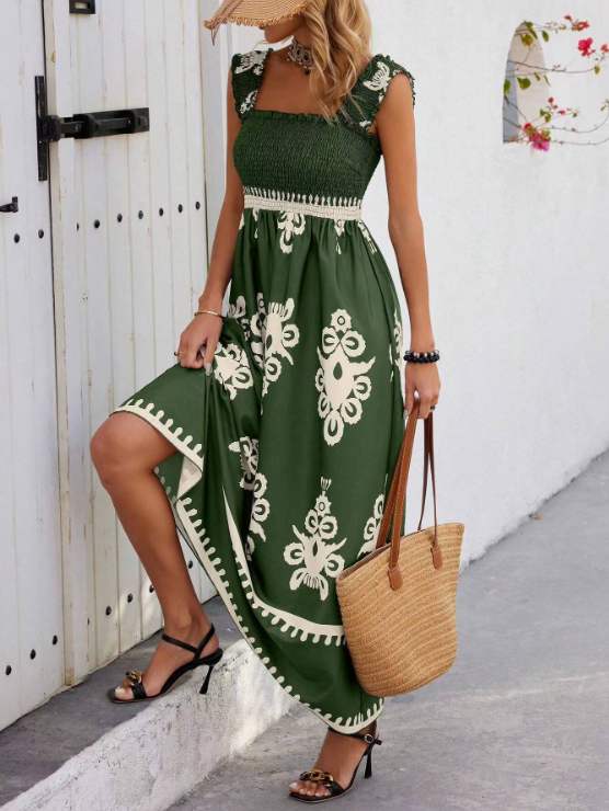 Robe longue à corsage smocké pour femme