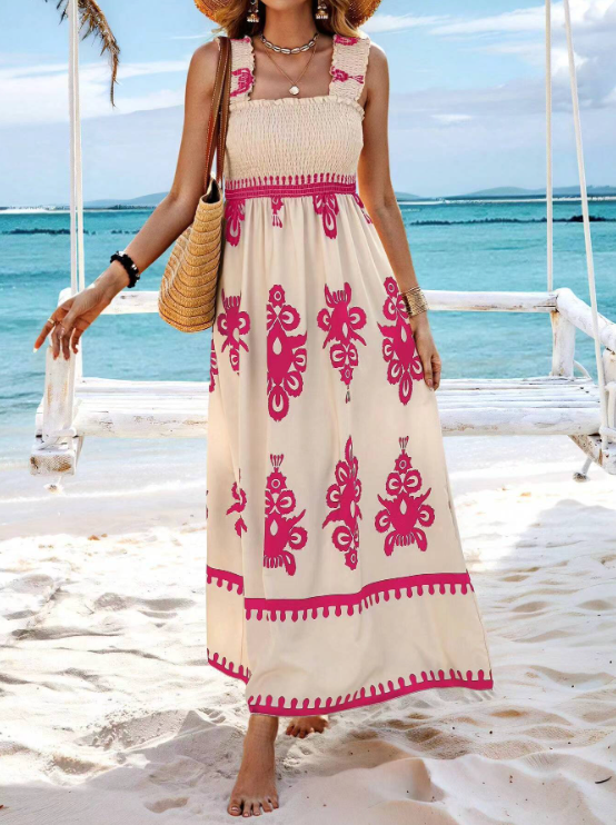 Robe longue à corsage smocké pour femme