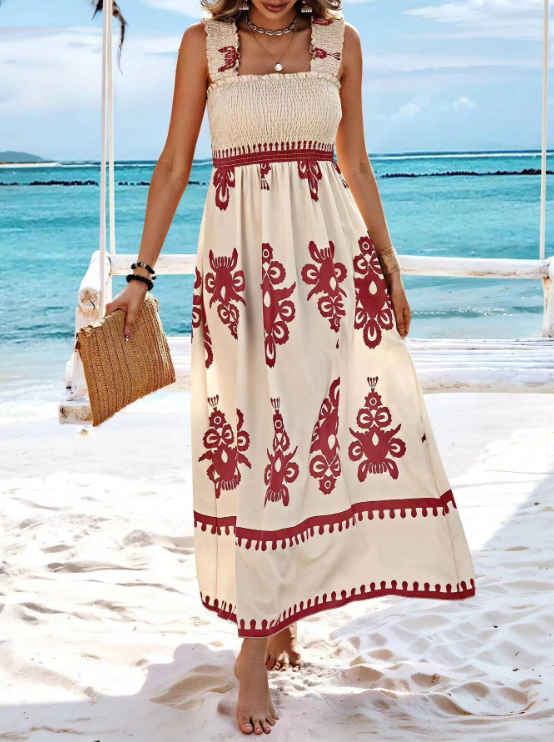 Robe longue à corsage smocké pour femme
