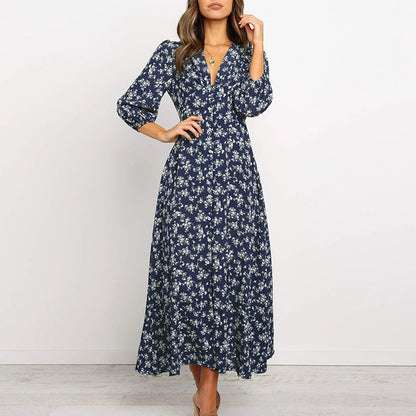 Robe longue à fleurs à manches longues pour femme