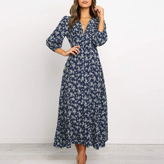 Robe longue à fleurs à manches longues pour femme
