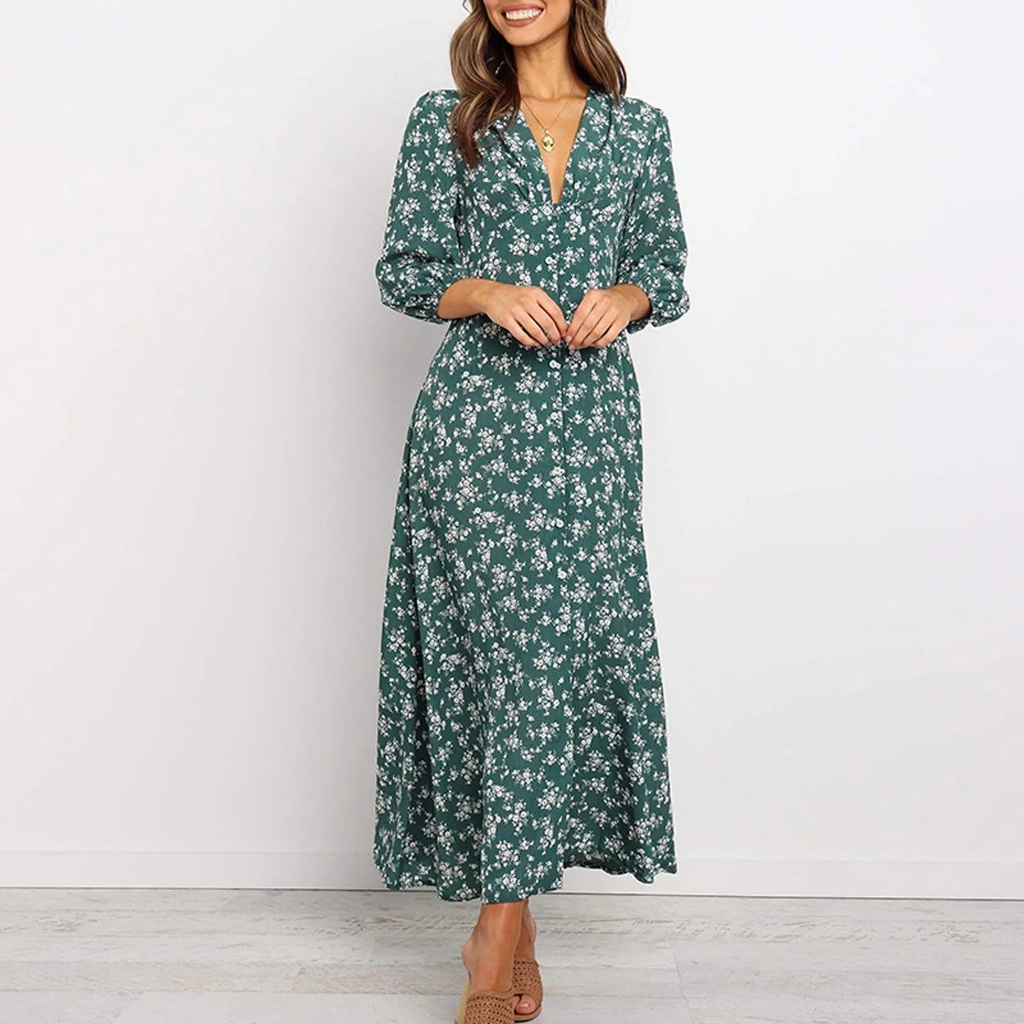 Robe longue à fleurs à manches longues pour femme