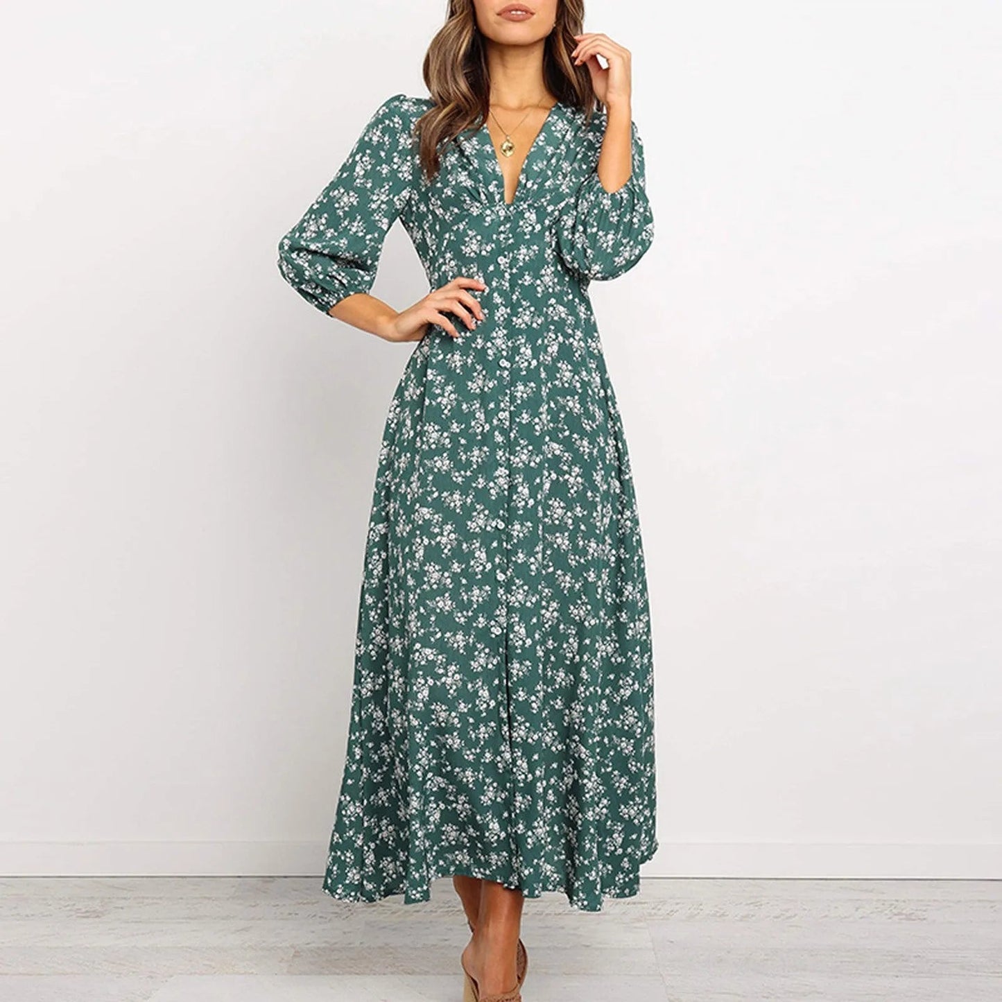 Robe longue à fleurs à manches longues pour femme