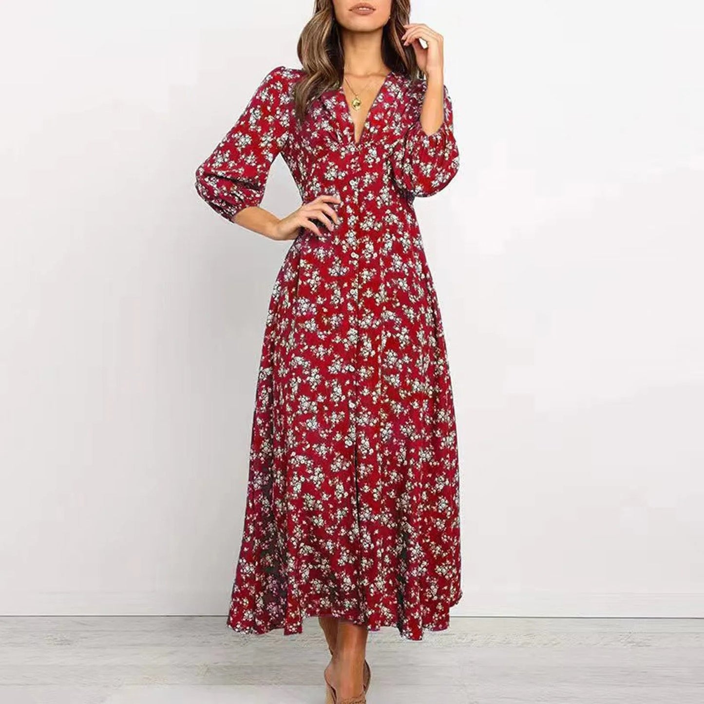 Robe longue à fleurs à manches longues pour femme