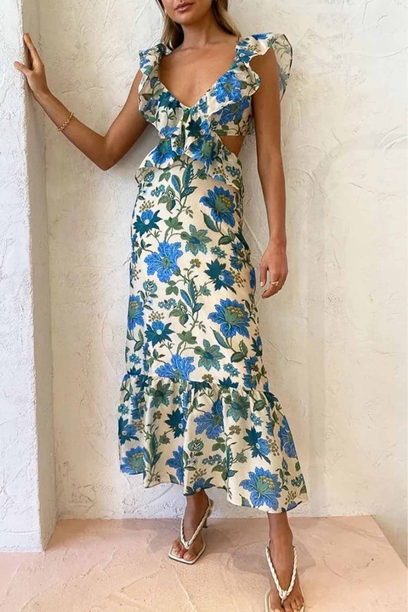 Robe longue à fleurs sans manches femme