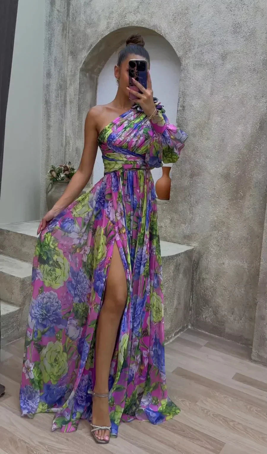 Robe longue à une épaule à fleurs pour femme