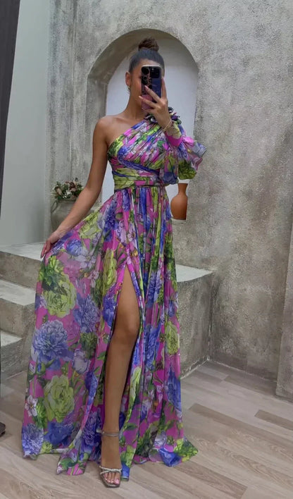 Robe longue à une épaule à fleurs pour femme