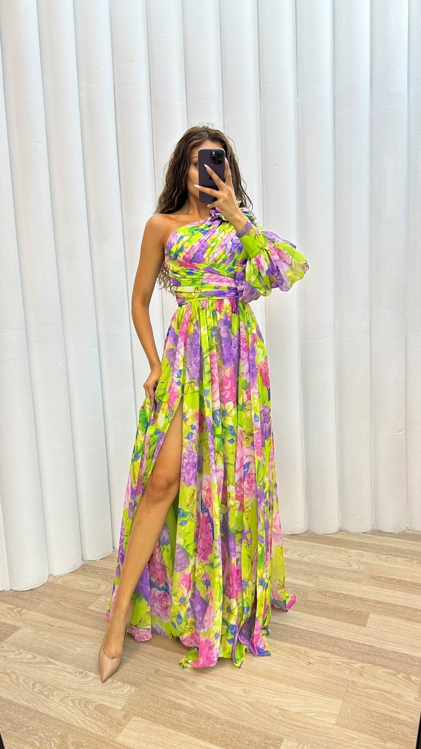 Robe longue à une épaule à fleurs pour femme