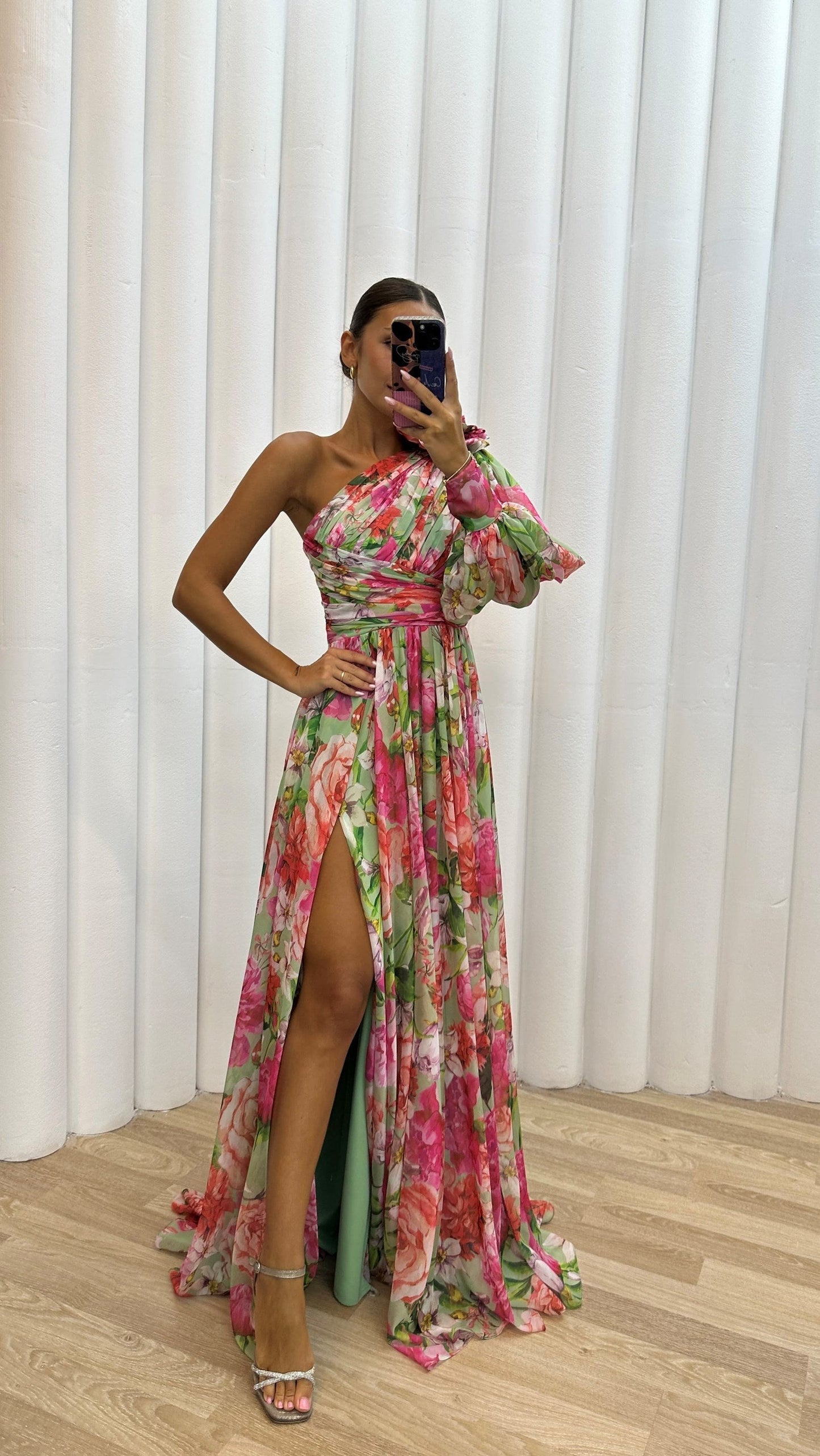 Robe longue à une épaule à fleurs pour femme