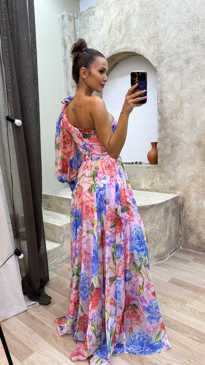 Robe longue à une épaule à fleurs pour femme
