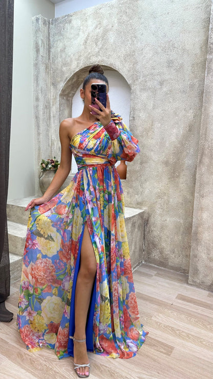 Robe longue à une épaule à fleurs pour femme