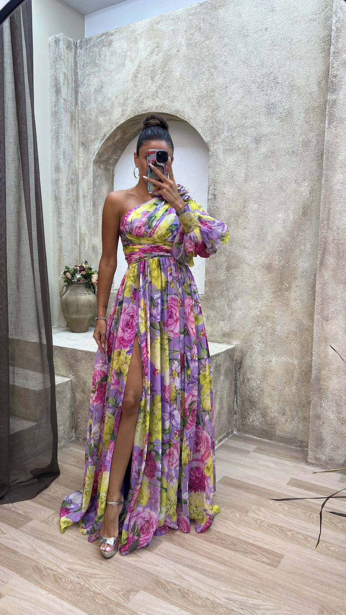 Robe longue à une épaule à fleurs pour femme