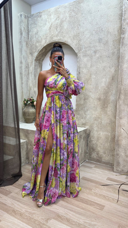 Robe longue à une épaule à fleurs pour femme