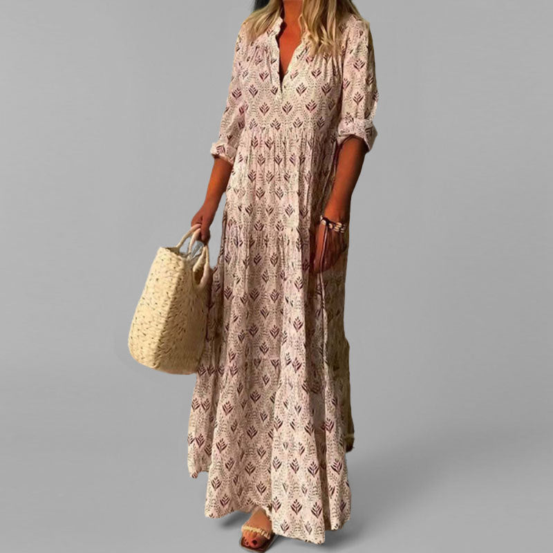 Robe longue à volants à col en V pour femme