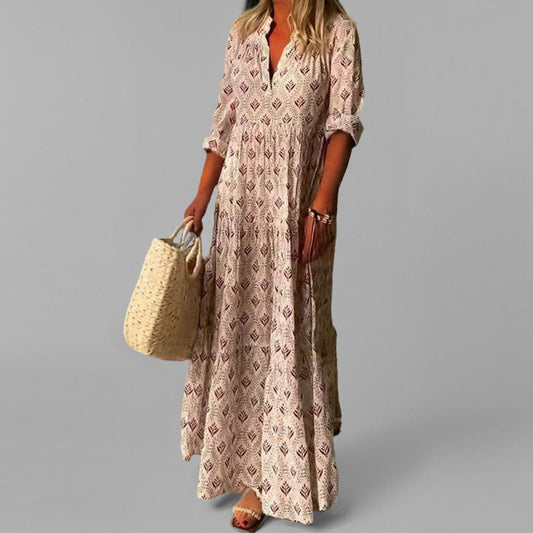 Robe longue à volants à col en V pour femme