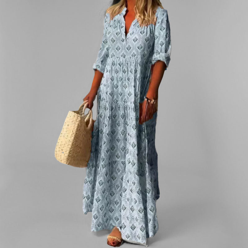 Robe longue à volants à col en V pour femme