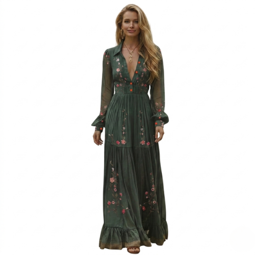 Robe longue bohème à manches longues pour femme