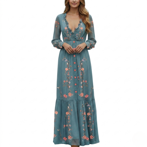 Robe longue bohème à manches longues pour femme