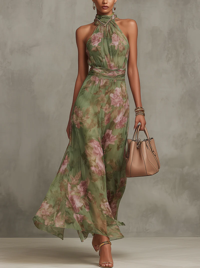Robe longue bohème élégante verte pour un look d’invitée à un mariage formel