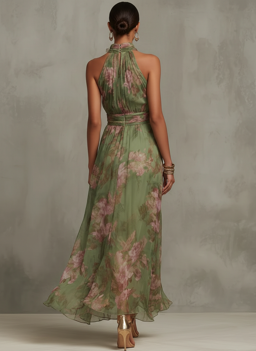 Robe longue bohème élégante verte pour un look d’invitée à un mariage formel