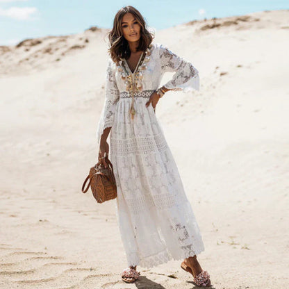 Robe longue bohème fluide à manches longues pour femme
