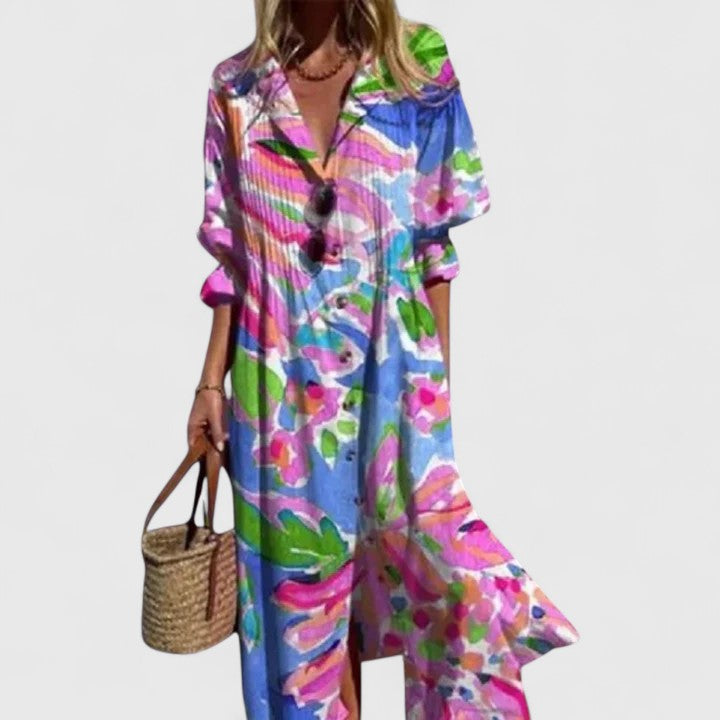Robe longue boutonnée à fleurs pour femme