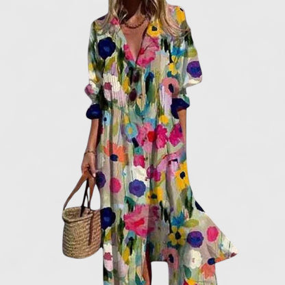 Robe longue boutonnée à fleurs pour femme