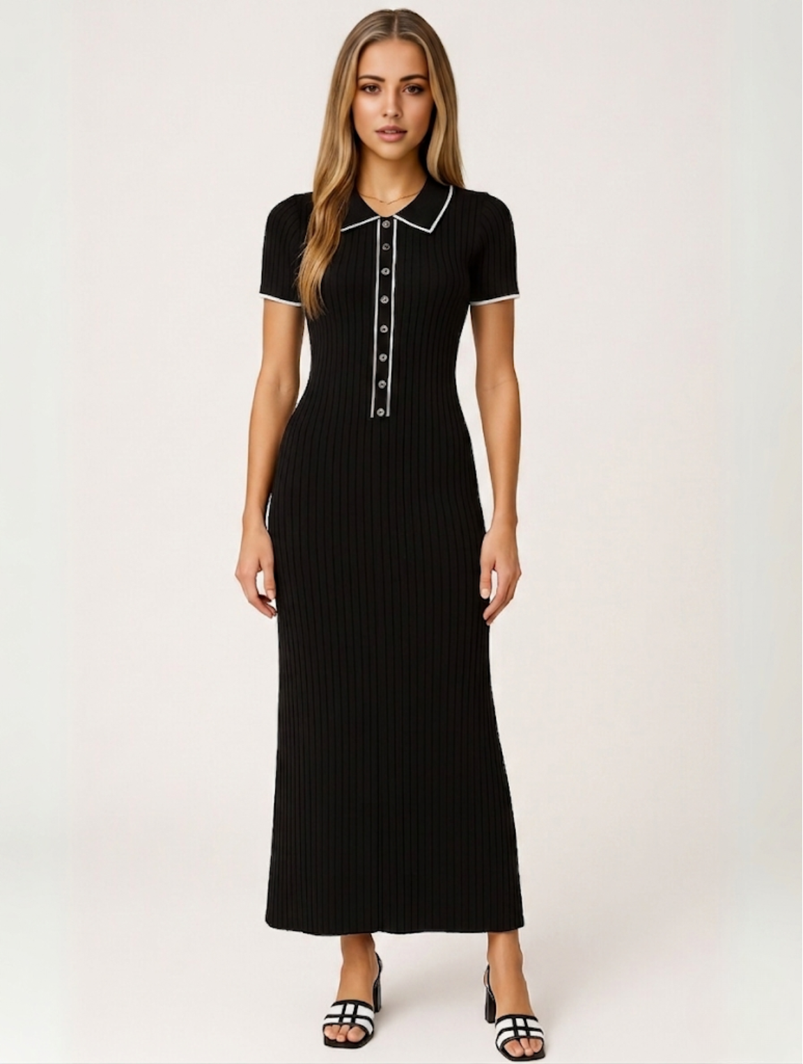 Robe longue côtelée boutonnée devant pour femme
